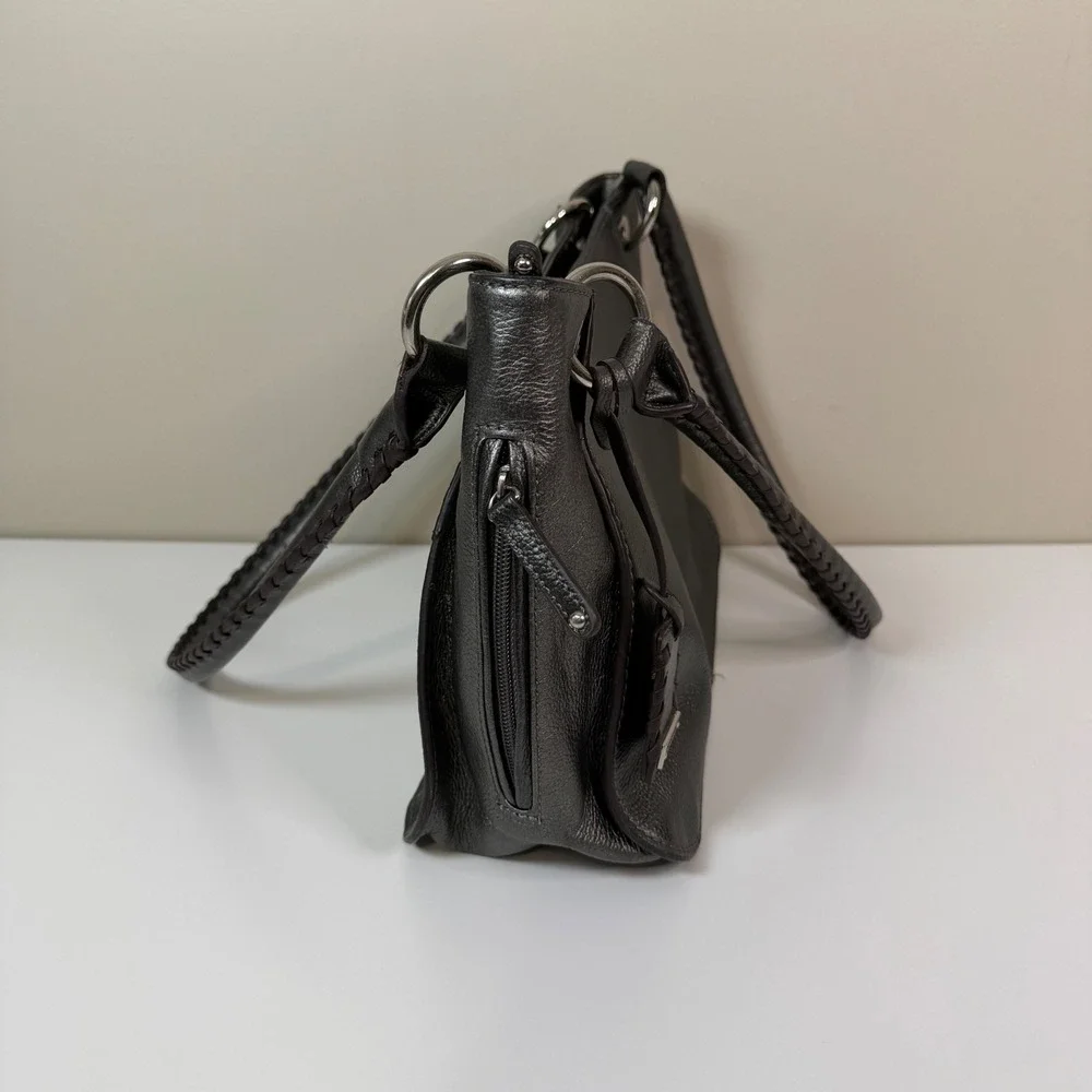 Tignanello Metallic Silver Pebbled Leather Shoulder Bag w Braided Handles Boho